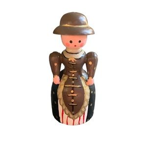 Vintage Christmas Ornament Wooden Hand Painted Lady Brown Dress Hat